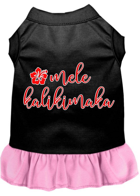 Mele Kalikimaka Screen Print Dog Dress Black with Light Pink Med